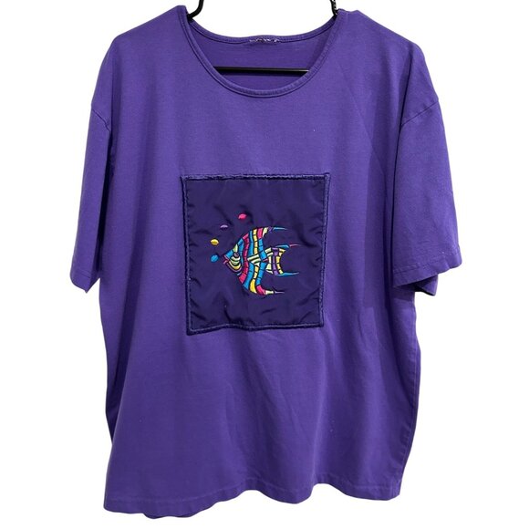 Handcrafted Purple Cotton T Shirt With Colorful Fish Embroidery Patch Design - Picture 1 of 8